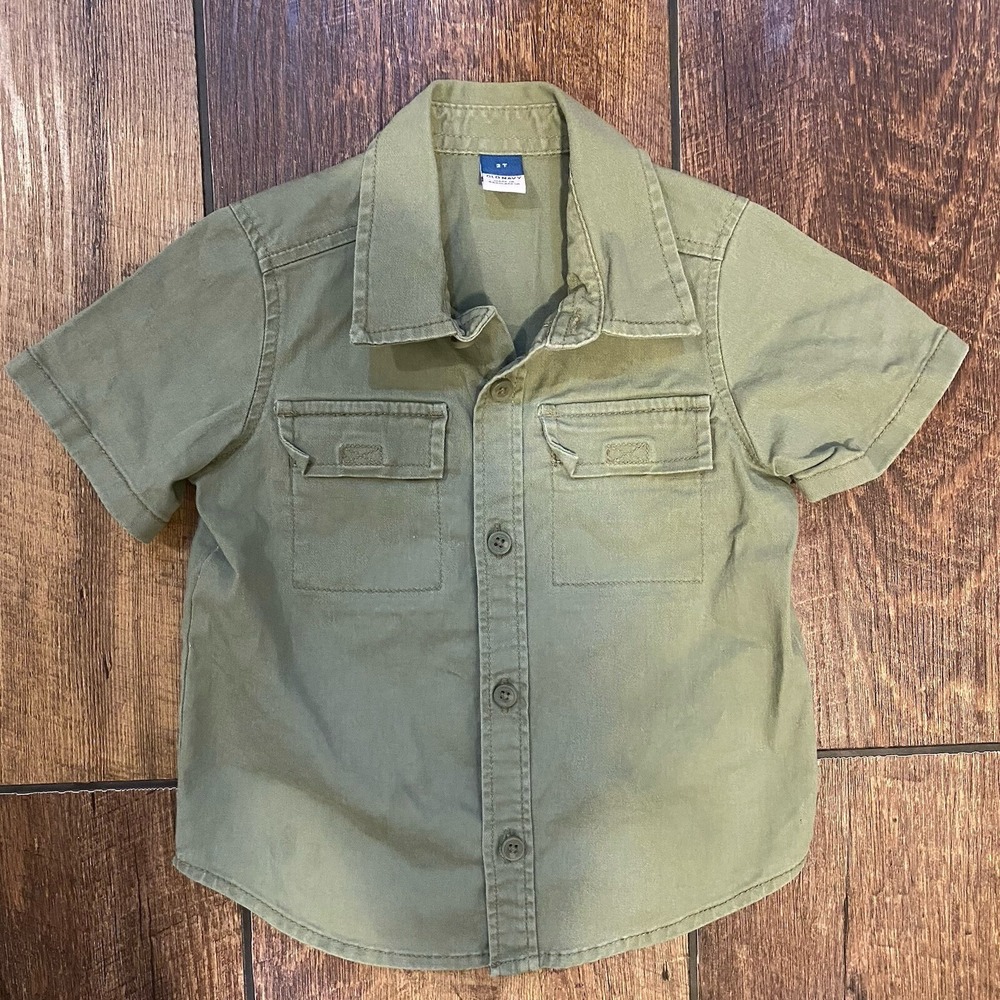 Boys Size 2t Old Navy Green Olive Button Up Shirt - Safari Style Western Country
